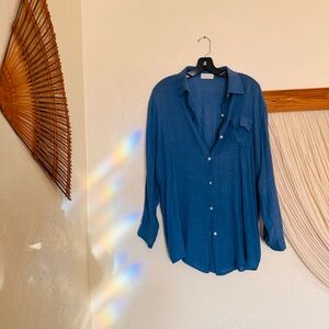 Blue Sheer Button Down Shirt Lightweight Oversized Womens Top Size M L